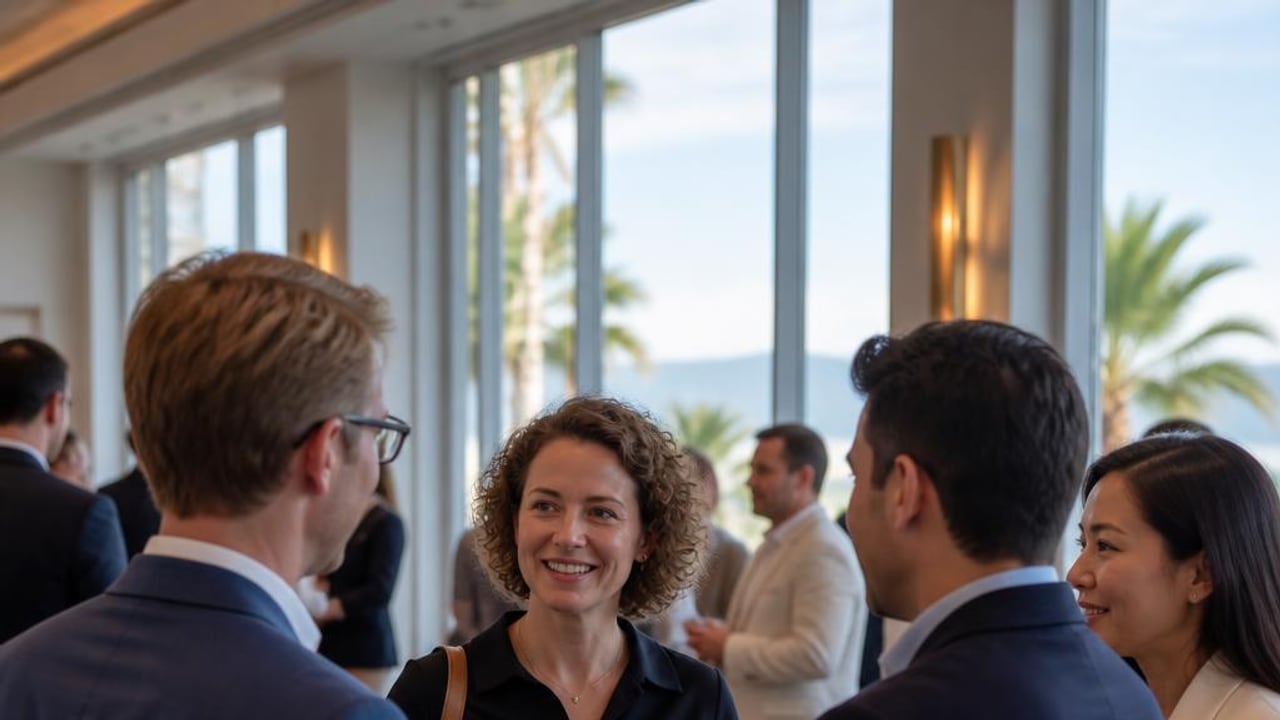 Property professionals meeting in a bright conference venue, reflecting the business networking at MIPIM