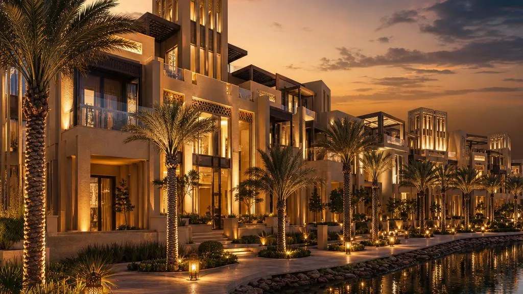 Luxury Saudi branded residence development at dusk, blending traditional Najdi architecture with contemporary design